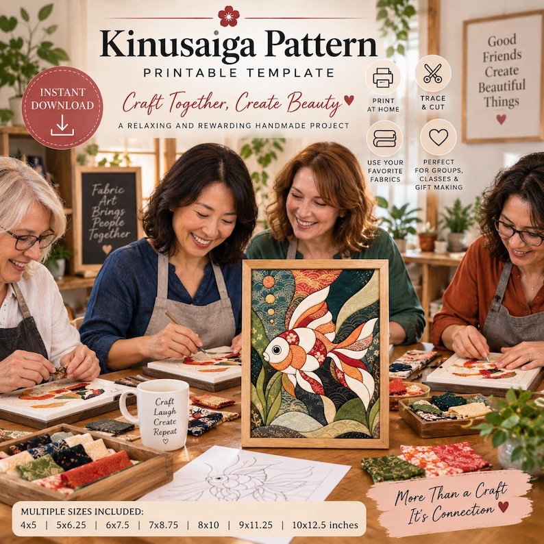 Peut inclure: Un mod&egrave;le imprimable de motif Kinusaiga repr&eacute;sentant un poisson rouge. L'image contient le texte : Kinusaiga Pattern, Craft Together, Create Beauty, Print at Home, Trace & Cut, Use Your Favorite Fabrics, et des tailles de 10,16x12,7 &agrave; 25,4x31,75 cm.