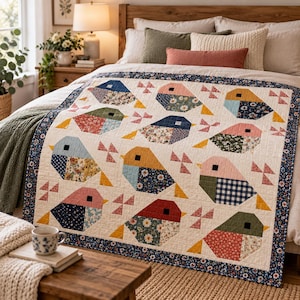 May include: A patchwork quilt featuring a repeating pattern of stylized birds in various colors and floral or geometric fabric prints. The quilt has a cream-colored background, small pinwheel accents, and a dark blue floral border trim.