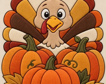 Peut inclure: Un motif Kinusaiga représentant un dindon de dessin animé avec une queue en éventail composée de segments orange, marron et crème, placé derrière trois citrouilles orange avec des tiges et des feuilles vertes. Le texte Thanksgiving Turkey & Pumpkins est inscrit au-dessus.