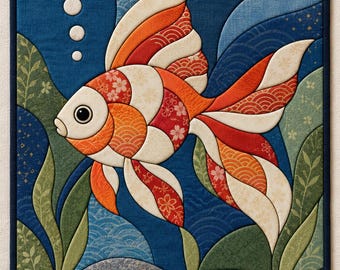 Peut inclure: Une tenture murale en tissu rectangulaire présentant un motif de patchwork représentant un poisson rouge nageant parmi des plantes aquatiques vertes. Le poisson est composé de segments de tissu orange, rouge et crème à motifs floraux et ondulés.