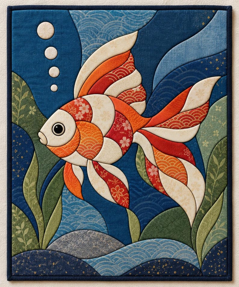 Peut inclure: Une tenture murale en tissu rectangulaire pr&eacute;sentant un motif de patchwork repr&eacute;sentant un poisson rouge nageant parmi des plantes aquatiques vertes. Le poisson est compos&eacute; de segments de tissu orange, rouge et cr&egrave;me &agrave; motifs floraux et ondul&eacute;s.