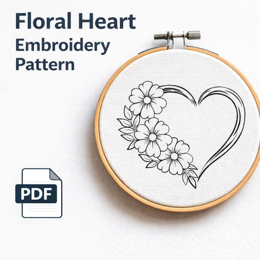 Floral Heart Embroidery Pattern, Hand Embroidery PDF, Flower Design ...