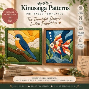 Peut inclure: Mod&egrave;les imprimables Kinusaiga Patterns pr&eacute;sentant deux motifs encadr&eacute;s : un oiseau bleu et jaune sur une branche et un poisson rouge color&eacute; dans l'eau. Le texte inclut 'Kinusaga Patterns', 'Printable Templates', 'Two Beautiful Designs' et des tailles en pouces.