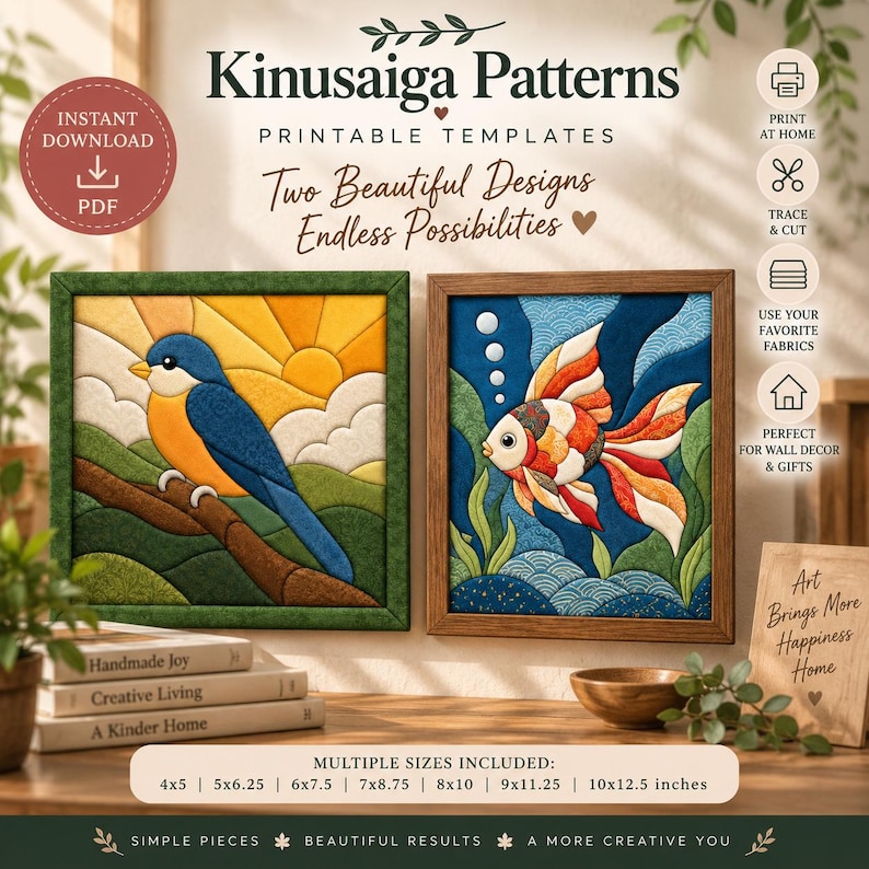 Peut inclure: Mod&egrave;les imprimables Kinusaiga Patterns pr&eacute;sentant deux motifs encadr&eacute;s : un oiseau bleu et jaune sur une branche et un poisson rouge color&eacute; dans l'eau. Le texte inclut 'Kinusaga Patterns', 'Printable Templates', 'Two Beautiful Designs' et des tailles en pouces.
