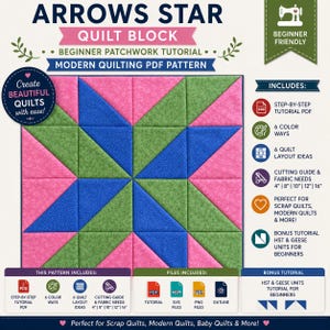 Może przedstawiać: Cyfrowy wzór pikowania w formacie PDF zatytułowany ARROWS STAR QUILT BLOCK. Centralny obraz to kwadratowy blok pikowany z motywem gwiazdy w różowych, zielonych i niebieskich teksturach tkanin. Dokument zawiera szczegóły samouczka patchworku dla początkujących, przewodniki cięcia dla rozmiarów 10, 20, 25, 30 i 40 cm oraz listę dołączonych plików PDF, SVG i PNG.