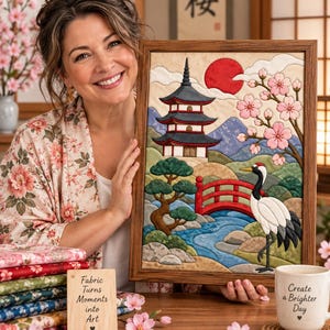 Puede incluir: Una pieza de arte mural de tela enmarcada que presenta un paisaje multicapa con una pagoda, un sol rojo, flores de cerezo, un puente rojo y una grulla. Un letrero de madera dice Fabric Turns Moments into Art y una taza dice Create a Brighter Day.