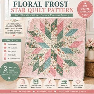 May include: A pink and floral star quilt pattern with the text "Floral Frost Star Quilt Pattern". The quilt features a star design with pink, green, and blue floral patterns. The pattern is for baby, throw, bed, and wall quilts.