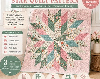 Patrón de edredón con diseño floral en estrella: diseño moderno de flores en tonos pastel (patrón en PDF)