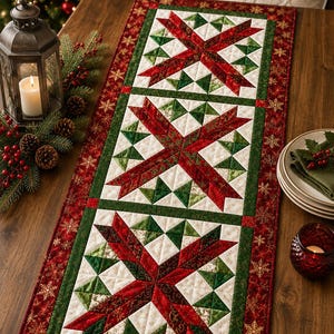 Tischläufer-Muster mit heiligem Stern für Weihnachten (PDF), Quilt-Anleitung für Anfänger, Patchwork- und einfache Weihnachtsquilt-Idee