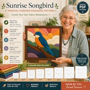 Puede incluir: Un patrón PDF digital para un proyecto de arte en tela Kinusaiga titulado Sunrise Songbird. El diseño muestra un pájaro azul y naranja posado en una rama marrón frente a un sol y nubes, con 8 tamaños cuadrados de 10 a 28 cm.