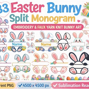 Puede incluir: Un diseño digital con 33 plantillas de monograma dividido de conejito de Pascua. Los diseños incluyen orejas de conejo, patas y espacios para nombres, con coloridos huevos de Pascua. El texto incluye "Embroidery & Faux Yarn Knit Bunny Art."