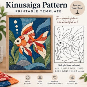Peut inclure: Un mod&egrave;le imprimable Kinusaiga repr&eacute;sentant un poisson rouge avec des sections &agrave; motifs orange, blancs et bleus. Le design inclut des plantes aquatiques et des bulles. Le texte indique Kinusaiga Pattern, Printable Template et des tailles de 4x5 &agrave; 10x12.5 pouces.