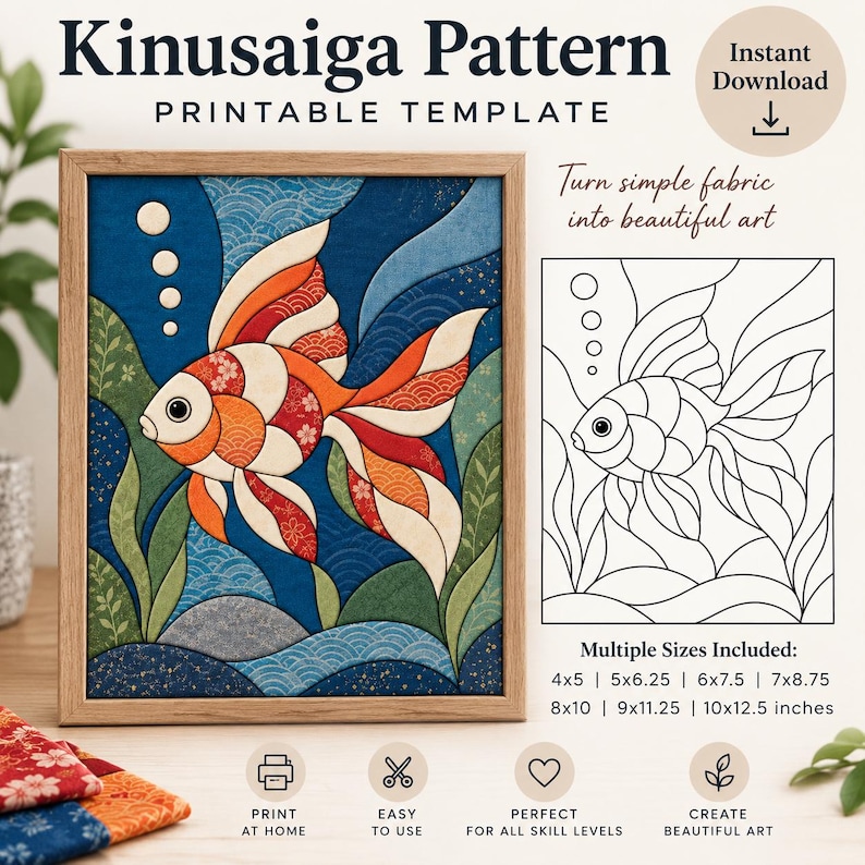 Peut inclure: Un mod&egrave;le imprimable Kinusaiga repr&eacute;sentant un poisson rouge avec des sections &agrave; motifs orange, blancs et bleus. Le design inclut des plantes aquatiques et des bulles. Le texte indique Kinusaiga Pattern, Printable Template et des tailles de 4x5 &agrave; 10x12.5 pouces.
