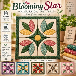 May include: A digital Kinusaiga pattern titled Blooming Star featuring a square fabric art design with floral petals in pink, yellow, and blue, a central yellow circle, and a green border. Includes 9 sizes from 4 inches to 12 inches.