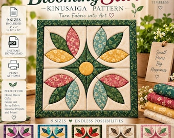 Peut inclure: Un modèle numérique Kinusaiga intitulé Blooming Star présentant un motif d'art textile carré avec des pétales floraux roses, jaunes et bleus, un cercle central jaune et une bordure verte. Inclut 9 tailles de 10 cm à 30 cm.