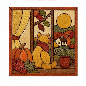 Könnte beinhalten: Ein quadratischer, gesteppter Wandbehang, der eine Katze zeigt, die aus einem Fenster auf eine herbstliche Landschaft mit Haus, Sonne und Bäumen blickt. Die Szene umfasst einen Kürbis, Herbstblätter und eine Tasse auf dem Fensterbrett, gerahmt in Braun mit dem Text Color Palette Ideas.