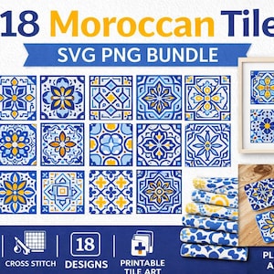 May include: An image showcasing 18 Moroccan tile designs in blue and yellow. The text "18 Moroccan Tile SVG PNG BUNDLE" is displayed at the top. Additional elements include fabric and coasters with similar patterns.