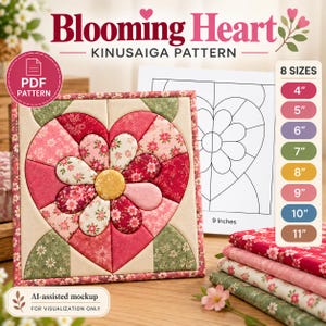 May include: A Blooming Heart Kinusaiga pattern PDF featuring a square fabric art piece with a central floral heart design in shades of red, pink, and green. Includes a line art template, a list of 8 sizes from 4 to 11 inches, and fabric stacks.