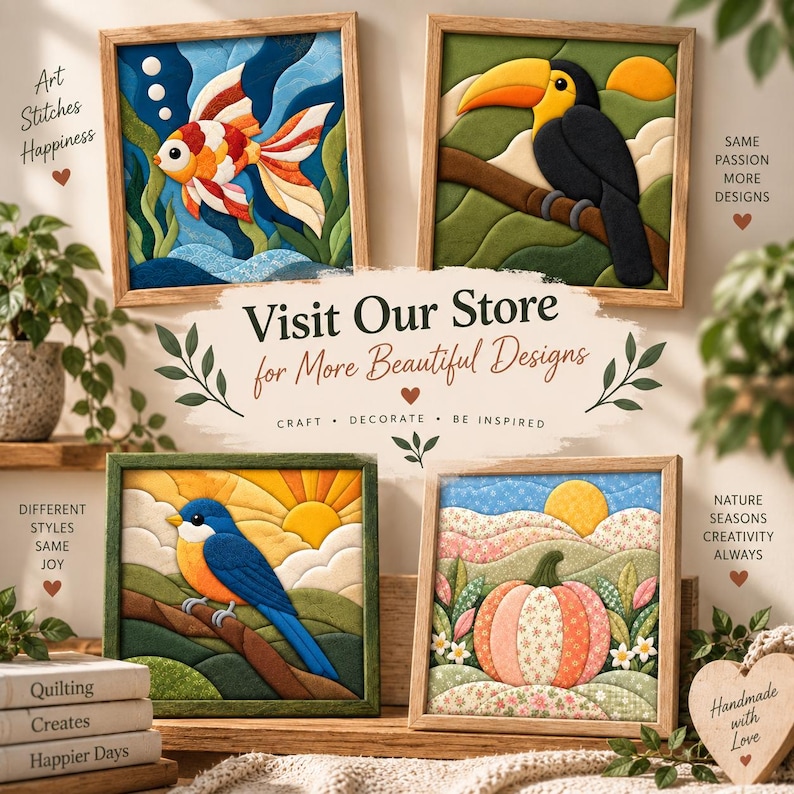 Peut inclure: Quatre cadres carr&eacute;s en tissu repr&eacute;sentant un poisson rouge, un toucan, un oiseau bleu et une citrouille. Le texte inclut Art Stitches Happiness, Visit Our Store for More Beautiful Designs, Craft Decorate Be Inspired, Quilting Creates Happier Days.