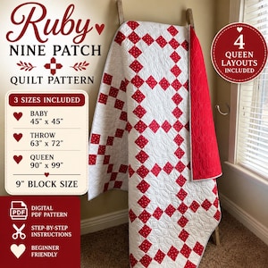 Ruby Nine Patch Quilt Pattern, 3 Sizes, 4 Layouts, Baby | Throw | Queen (PDF Download)