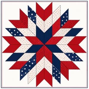 May include: A square quilt featuring a large central star pattern composed of geometric diamond shapes. The design incorporates red, white, and navy blue fabrics with patterns including small white stars on blue and tiny dots on red and white.