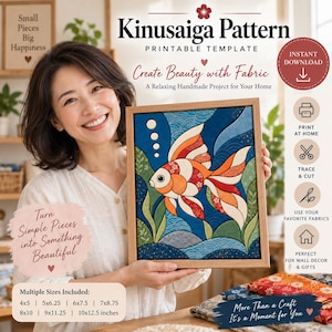 Peut inclure: Un mod&egrave;le imprimable Kinusaiga repr&eacute;sentant un poisson rouge avec des sections &agrave; motifs orange, rouges et blancs. Le design inclut des motifs de vagues bleues et des plantes aquatiques vertes. Le texte indique Kinusaiga Pattern, Instant Download et les dimensions 10,16x12,7, 12,7x15,88, 15,24x19,05, 17,78x22,23, 20,32x25,4, 22,86x28,58, 25,4x31,75 cm.