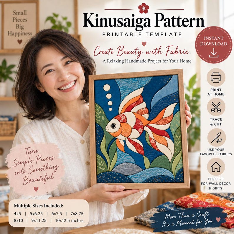 Peut inclure: Un mod&egrave;le imprimable Kinusaiga repr&eacute;sentant un poisson rouge avec des sections &agrave; motifs orange, rouges et blancs. Le design inclut des motifs de vagues bleues et des plantes aquatiques vertes. Le texte indique Kinusaiga Pattern, Instant Download et les dimensions 10,16x12,7, 12,7x15,88, 15,24x19,05, 17,78x22,23, 20,32x25,4, 22,86x28,58, 25,4x31,75 cm.