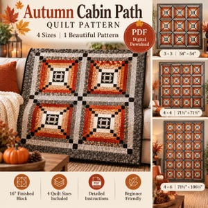 Op de afbeelding: Autumn Cabin Path quiltpatroon digitale download met een vierkant blokontwerp in tinten oranje, bruin, zwart en wit. Het patroon bevat instructies voor vier maten: 137 cm, 182 cm en 271 cm voor de verschillende quiltformaten.