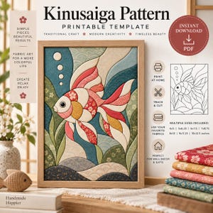 Peut inclure: Un mod&egrave;le imprimable Kinusaiga illustrant un poisson rouge avec des motifs floraux et ondul&eacute;s. Le design inclut le texte Kinusaiga Pattern, Printable Template et Instant Download PDF, avec des tailles multiples de 4x5 &agrave; 10x12,5 pouces.