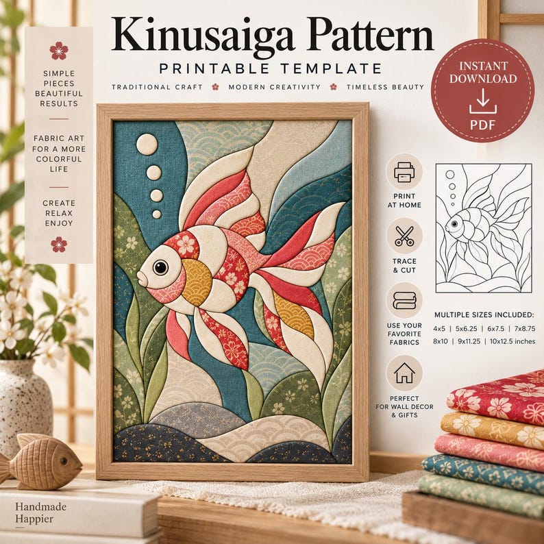 Peut inclure: Un mod&egrave;le imprimable Kinusaiga illustrant un poisson rouge avec des motifs floraux et ondul&eacute;s. Le design inclut le texte Kinusaiga Pattern, Printable Template et Instant Download PDF, avec des tailles multiples de 4x5 &agrave; 10x12,5 pouces.