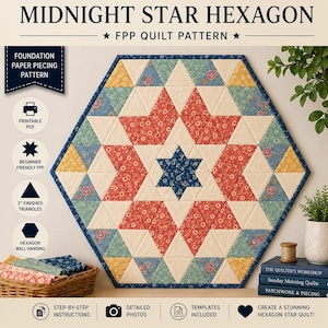May include: A Midnight Star Hexagon quilt pattern. The hexagon-shaped quilt features a central blue star, surrounded by red and cream star points, and blue, yellow, and cream triangles. The pattern includes step-by-step instructions, detailed photos, and templates.