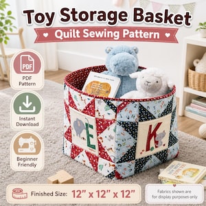May include: A handmade toy storage basket with a quilt sewing pattern. The basket is square, measuring 12" x 12" x 12", and features a patchwork design with red, white, and blue fabrics. It contains a blue stuffed hippo, a white stuffed lamb, and books.