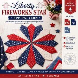 Patrón SVG de Liberty Fireworks Star FPP, patrón patriótico de patchwork con base de papel, adorno de mesa para el 4 de julio, bloque de colcha de estrella redimensionable