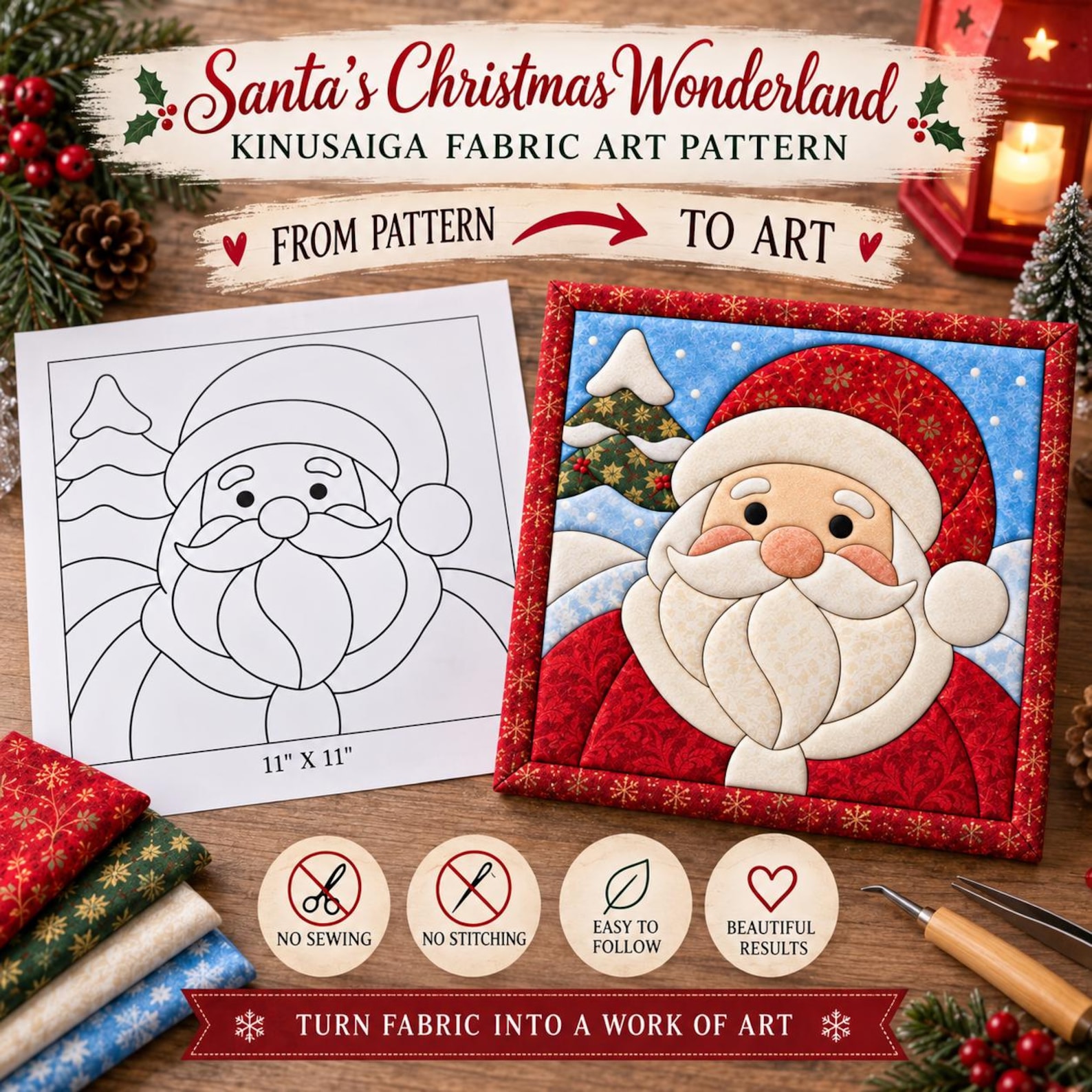 Santa's Christmas Wonderland Kinusaiga Fabric Art Pattern, No-sew ...