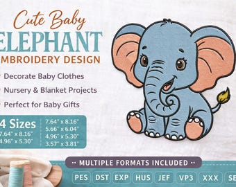 Baby Elephant Embroidery Design: Nursery Animal Machine File (Digital Download)