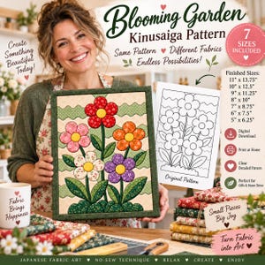 Op de afbeelding: Een Kinusaiga-knutselpakket met een afgewerkt stoffen kunstwerk van vijf kleurrijke bloemen met rode, roze, witte, oranje en paarse bloemblaadjes, groene bladeren en een zwart-wit lijntekening-sjabloon met zeven maten van 12,7 cm x 15,8 cm tot 27,9 cm x 34,9 cm.