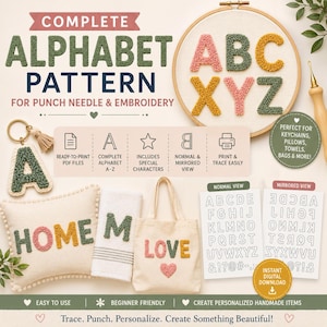 May include: Complete alphabet pattern for punch needle and embroidery. The image shows a variety of handmade items, including a keychain, pillow, towel, and tote bag, each featuring embroidered letters. The design includes ready-to-print PDF files and a mirrored view option.