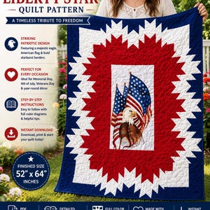 Op de afbeelding: Een patriottisch quiltpatroon met een rood, wit en blauw sterrenpatroon en een Amerikaanse vlag en adelaar in het midden. De afmeting is 132 cm x 163 cm. De quilt is een eerbetoon aan vrijheid en perfect voor Memorial Day.