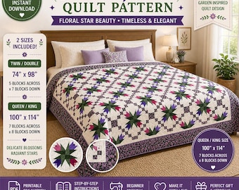 Starlit Garden Quilt Schnittmuster, Stern mit Blumenmuster, Doppel-/Königs/King Sizes (PDF Download)