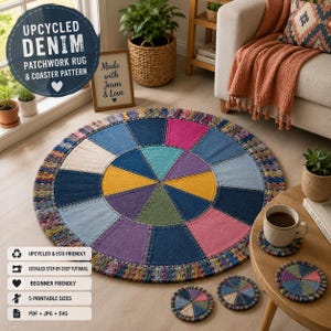 Upcycled Denim Patchwork Rug & Coaster Pattern | Round Quilt Sewing Tutorial (PDF Download)
