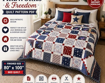 Fireworks & Freedom Quilt Pattern PDF, Patriotic Patchwork Quilt , Americana Quilt Pattern, Red White Blue Quilt, 80x100 Throw Bed Quilt