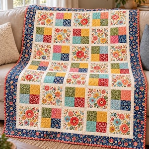 Floral Garden Throw Quilt Pattern, Beginner Four-Patch Design, Size 54" x 72" (PDF Download)