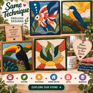 Peut inclure: Quatre pi&egrave;ces d'art mural en tissu de forme carr&eacute;e repr&eacute;sentant un poisson rouge, un oiseau bleu, un toucan et un motif floral. L'ensemble comprend des panneaux en bois avec du texte, une tasse blanche marqu&eacute;e Quilt Create Be Happy et des tissus pli&eacute;s.