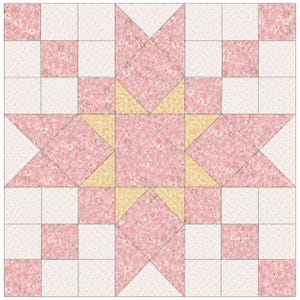 May include: A square quilt block featuring a central star pattern composed of pink floral fabric and yellow textured fabric. The surrounding background consists of a grid of white fabric squares with small pink dots and pink floral squares.