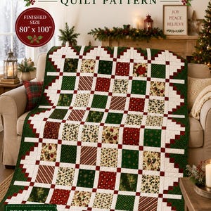 May include: A Christmas Hearth quilt pattern featuring a grid of red, green, and cream fabric squares with holiday motifs. The quilt has a finished size of 80 inches by 100 inches. The text reads Christmas Hearth Quilt Pattern and PDF Pattern.