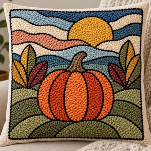 May include: A square throw pillow featuring a textured punch needle design of a large orange pumpkin centered in a landscape. The scene includes rolling green hills, colorful autumn leaves, a yellow sun, and blue sky, all outlined in black yarn.