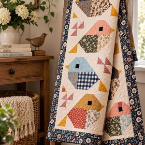 Könnte beinhalten: Ein rechteckiger Quilt mit einem sich wiederholenden Muster aus stilisierten Vögeln in verschiedenen Farben und Stoffstücken mit Blumen- oder Karomustern. Der Quilt hat einen cremefarbenen Hintergrund und ist mit einem dunkelblauen Stoff mit Gänseblümchenmuster eingefasst.