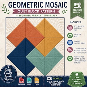 Puede incluir: Un tutorial de patrón de bloque de edredón Geometric Mosaic con un diseño cuadrado de triángulos naranjas, amarillos, azul oscuro y verde azulado. La imagen incluye texto que detalla un PDF paso a paso, 6 combinaciones de colores, 6 ideas de diseño y una guía de corte para bloques de 4, 8, 10, 12 y 16 cm.