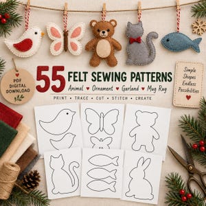 55 Felt Sewing Patterns, Animal Ornaments, Garland, Mug Rug (PDF Digital Download)