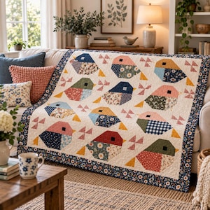 May include: A rectangular quilt featuring a repeating pattern of stylized birds in various floral and geometric fabric prints. The birds are arranged on a cream background with small pinwheel accents and a dark blue floral border trim.